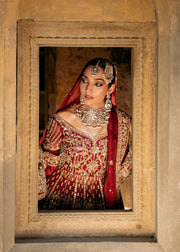 Red Pakistani Bridal Dress in Pishwas Frock Lehenga Style