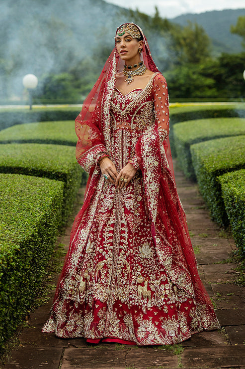 Red Pakistani Bridal Dress in Shirt and Lehenga Style