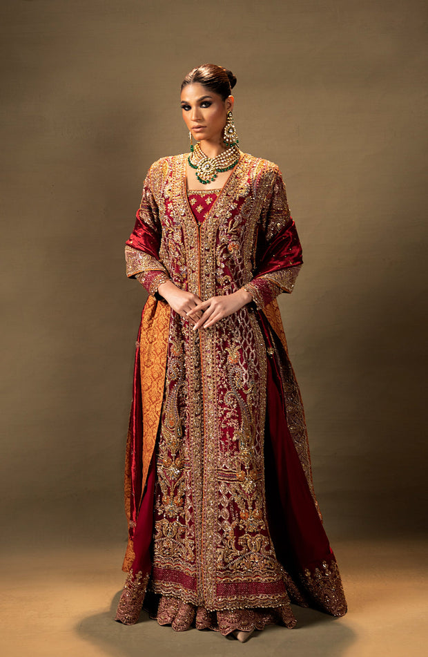 Red Pakistani Bridal Dress in Shirt and Sharara Style
