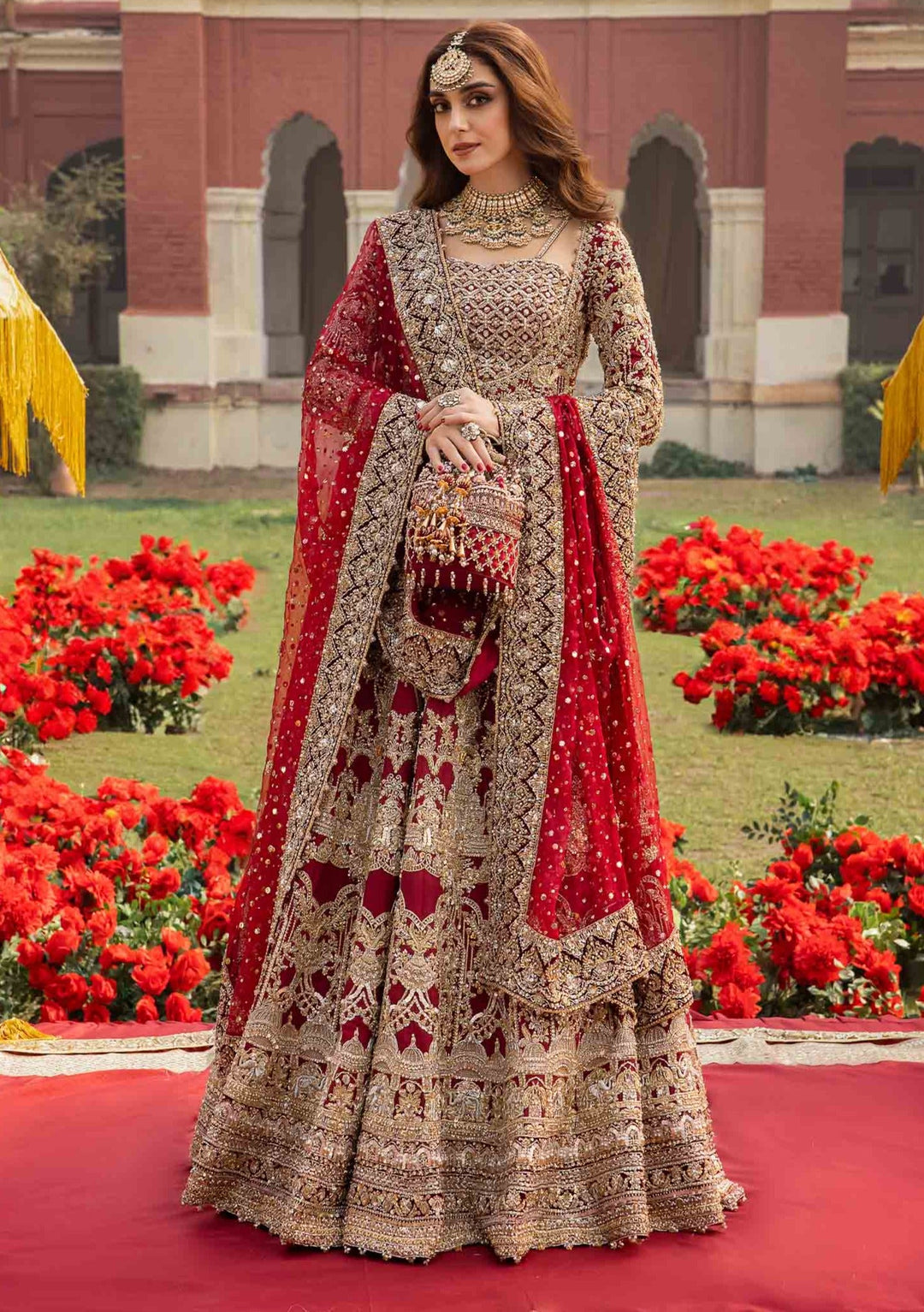 Stunning Red Pakistani Bridal Lehenga & Pishwas Dress