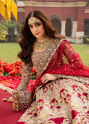 Red Pakistani Bridal Outfit in Pishwas Lehenga Style