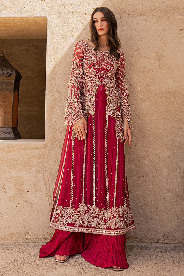 Red Pakistani Handwork Kameez and Crushed Trouser Dupatta 2023
