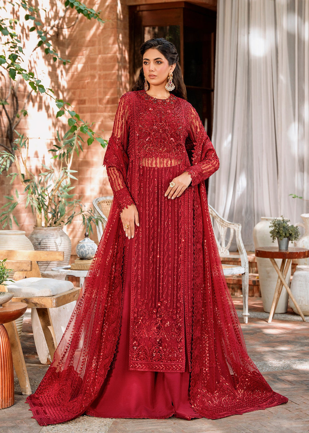 Red Pakistani Party Dress in Kameez and Sharara Style LARGE