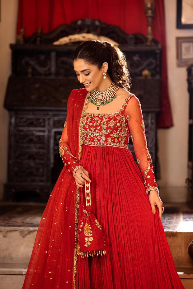 Red Pakistani Wedding Dress In Crushed Pishwas Frock Style 2023
