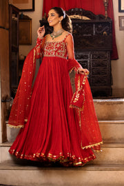 Red Pakistani Wedding Dress In Crushed Pishwas Frock Style