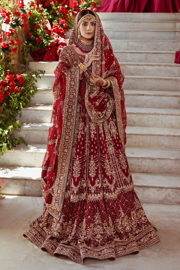 Red Pakistani Bridal Dresses in Lehenga Frock Style