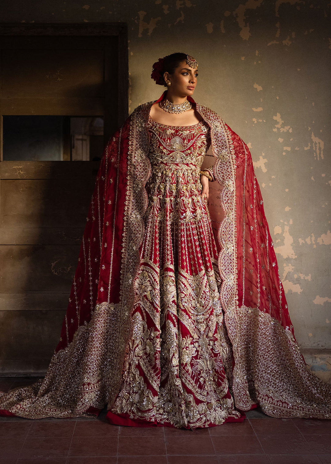 Red Pakistani Bridal Gown Dupatta and Lehenga Dress Online