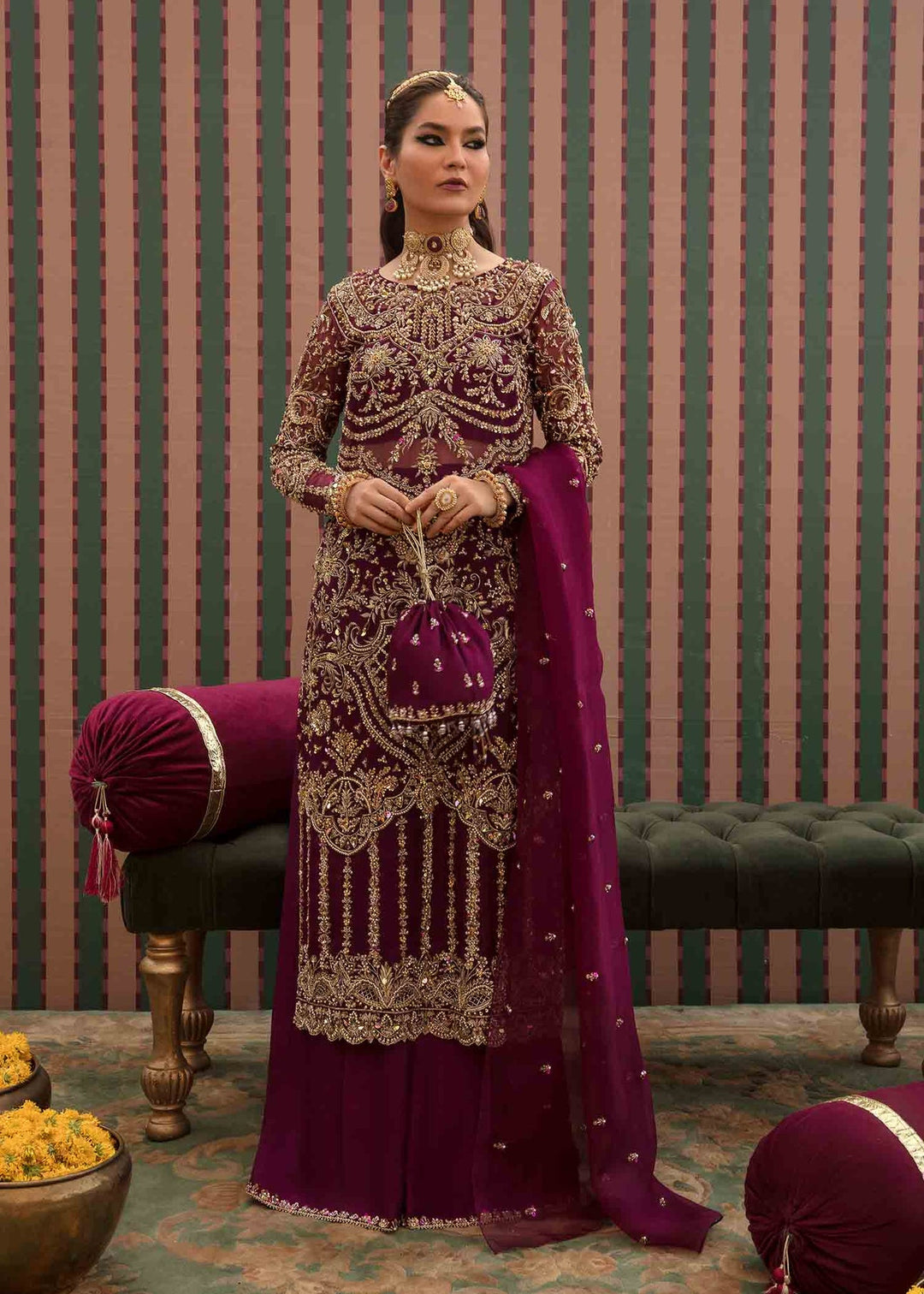 Regal Plum Embroidered Pakistani Wedding Dress Kameez Trousers