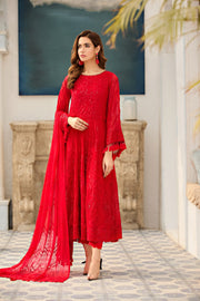 Rose Red Embroidered Pakistani Long Frock with Dupatta Party Dress