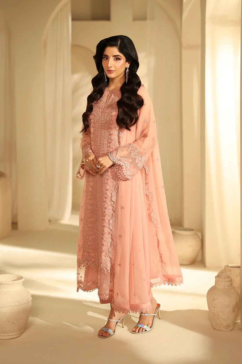 Elegant Blush Pink Sequins Embroidered Chiffon Pakistani Party Dress