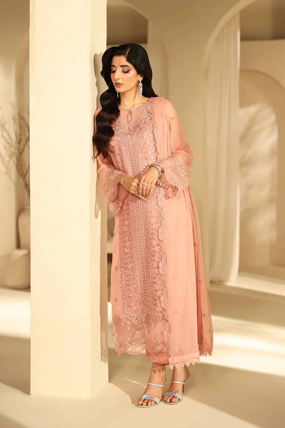 Elegant Blush Pink Sequins Embroidered Chiffon Pakistani Party Dress