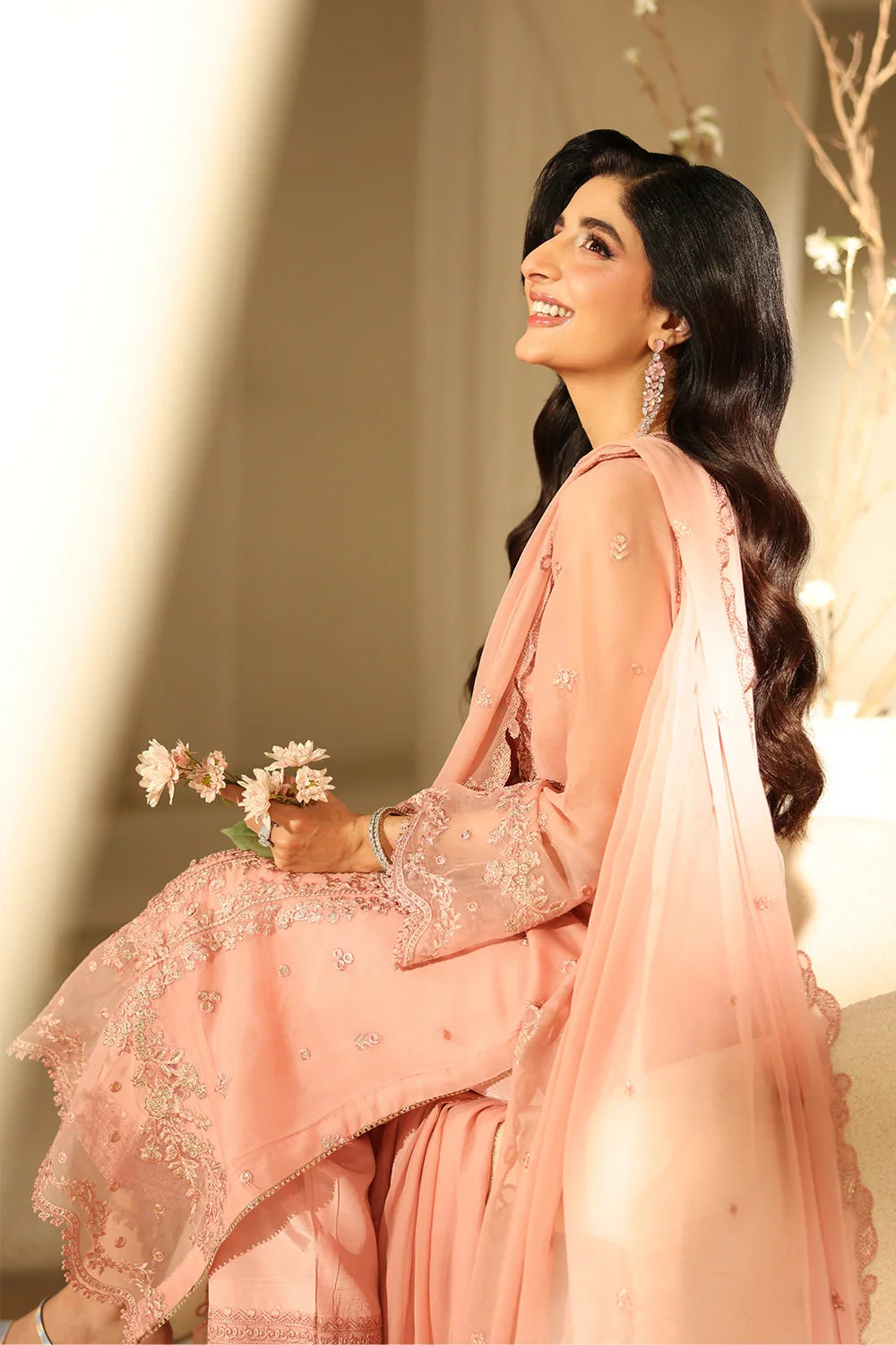 Elegant Blush Pink Sequins Embroidered Chiffon Pakistani Party Dress
