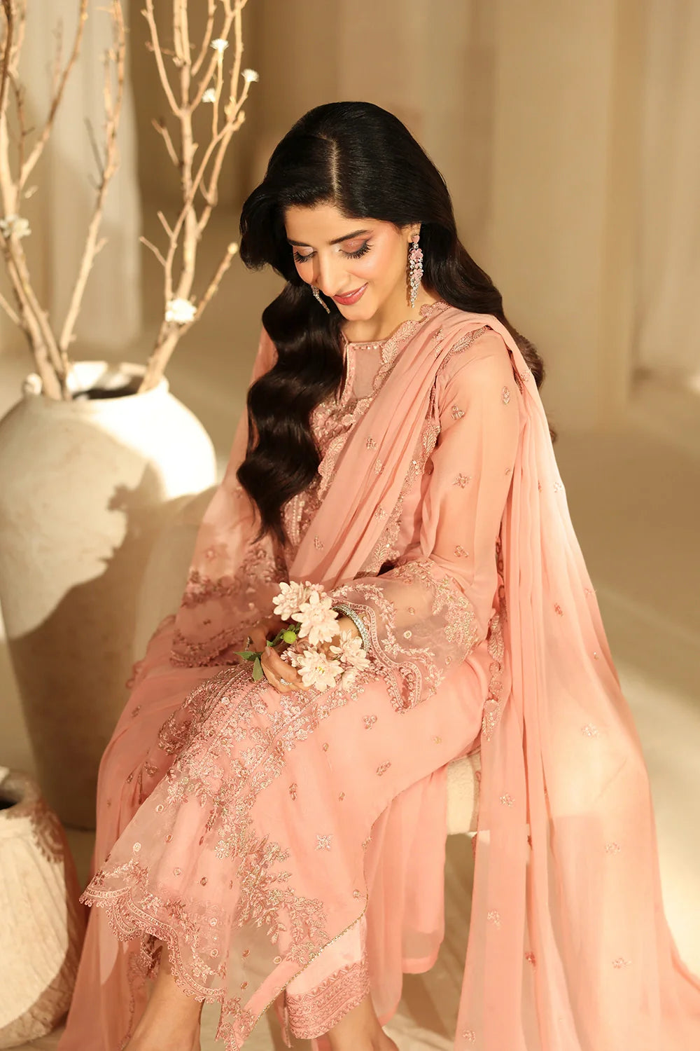 Elegant Blush Pink Sequins Embroidered Chiffon Pakistani Party Dress
