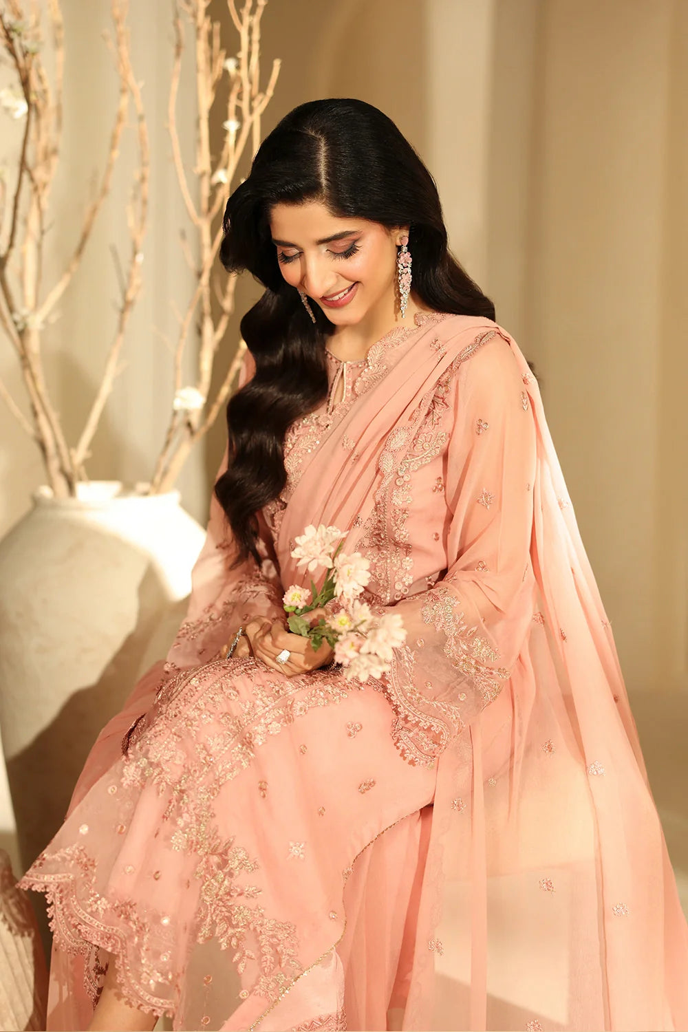 Elegant Blush Pink Sequins Embroidered Chiffon Pakistani Party Dress