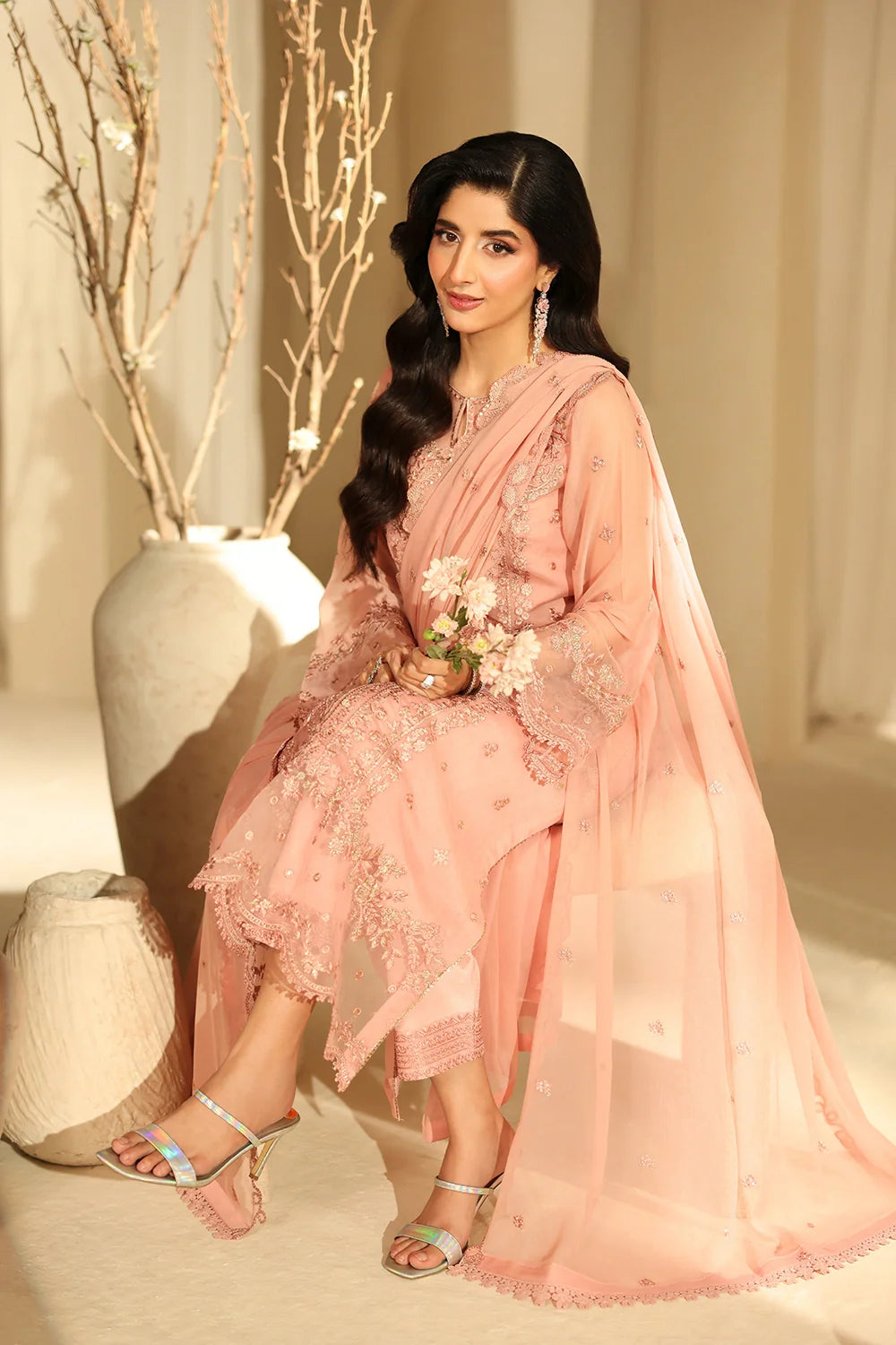 Elegant Blush Pink Sequins Embroidered Chiffon Pakistani Party Dress