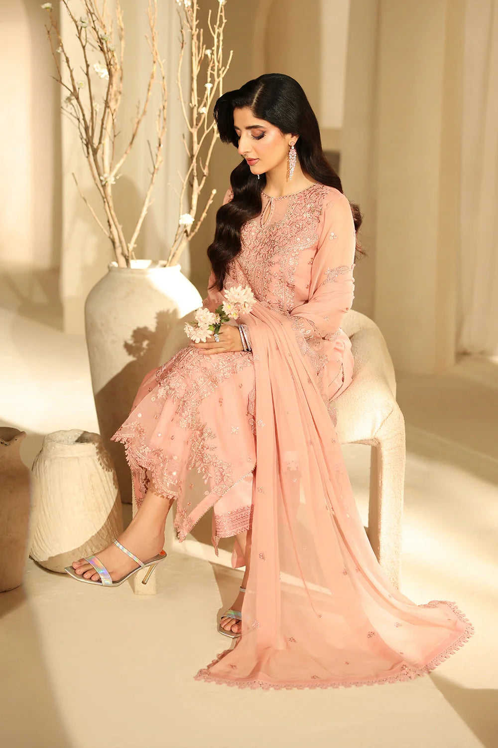 Elegant Blush Pink Sequins Embroidered Chiffon Pakistani Party Dress
