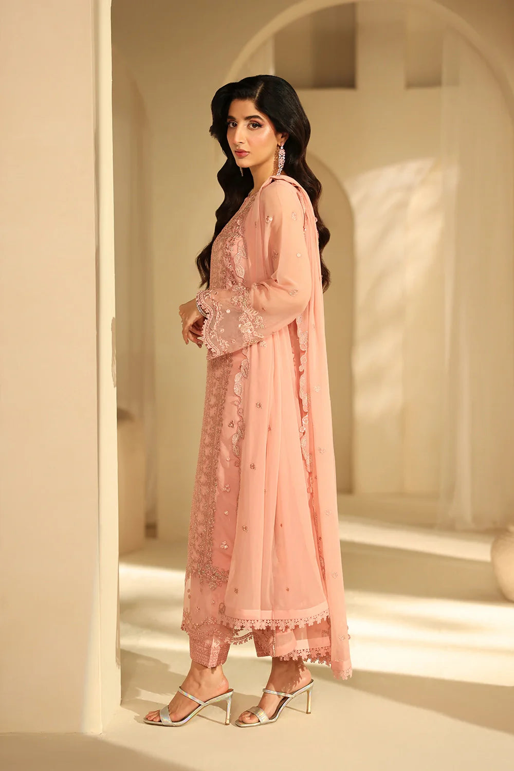 Elegant Blush Pink Sequins Embroidered Chiffon Pakistani Party Dress