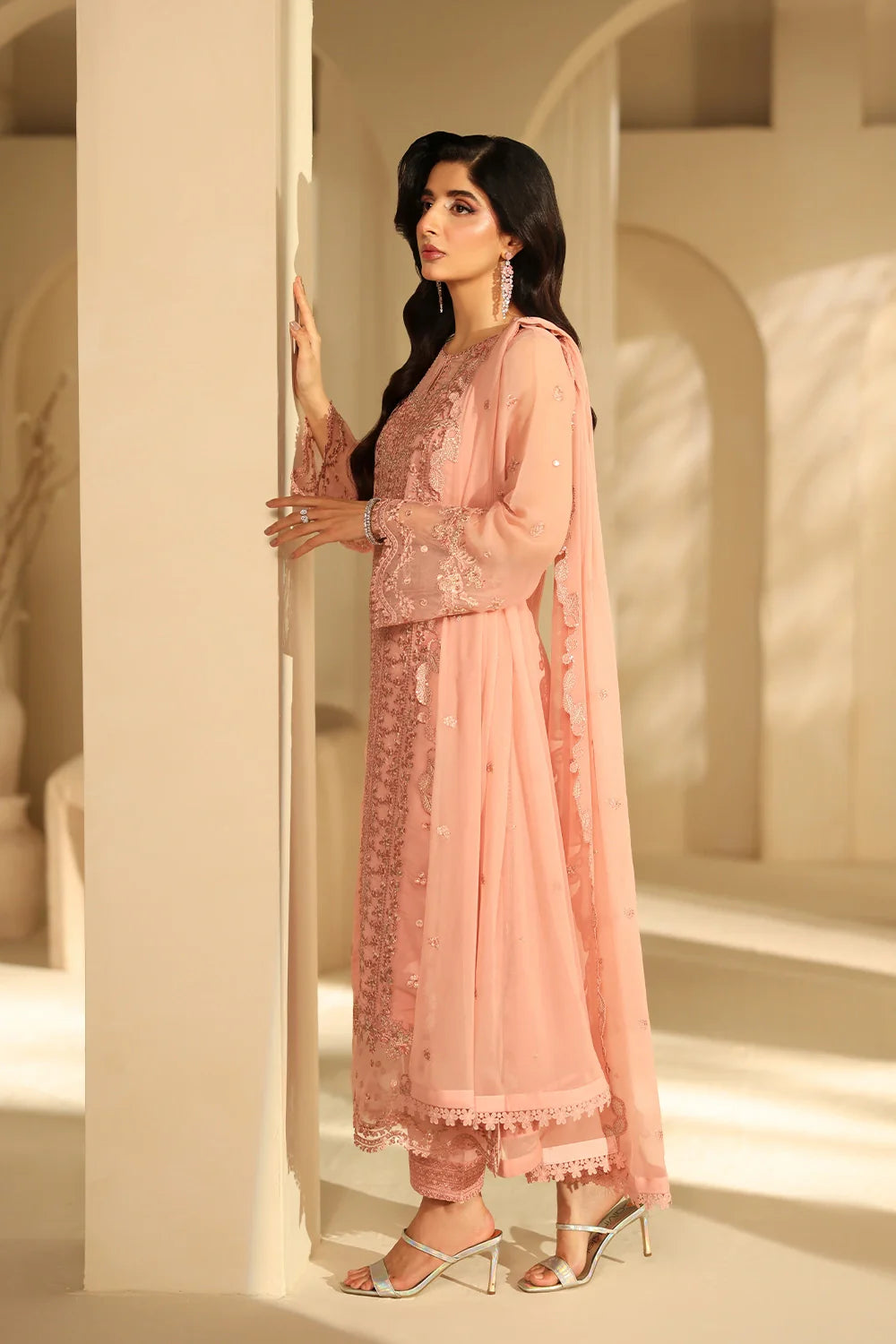 Elegant Blush Pink Sequins Embroidered Chiffon Pakistani Party Dress