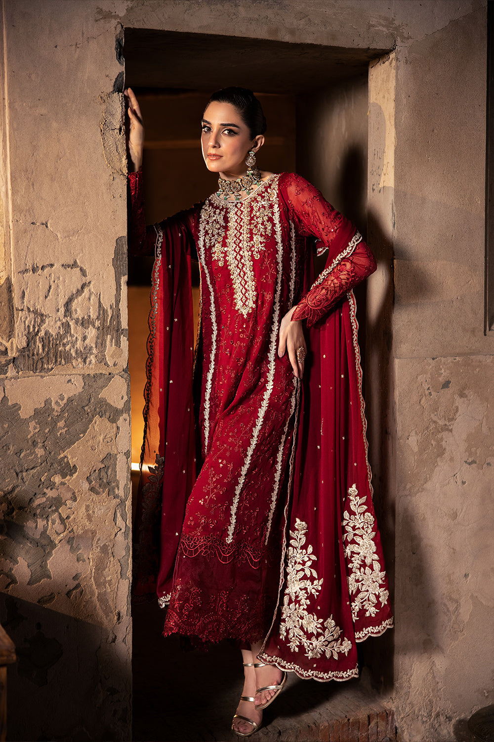 Elegant Maroon Hand Embellished Organza Pakistani Party Dress