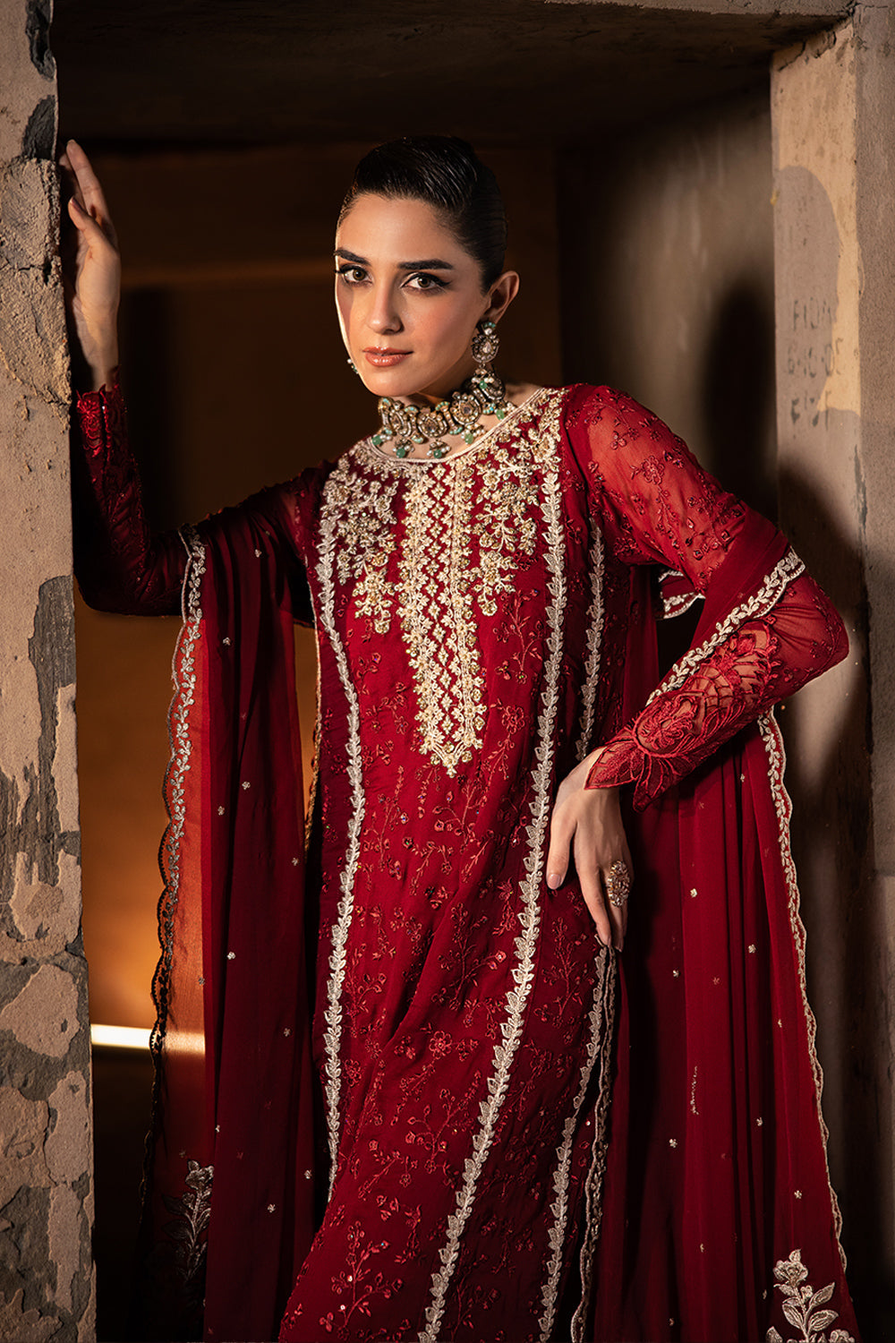 Elegant Maroon Hand Embellished Organza Pakistani Party Dress