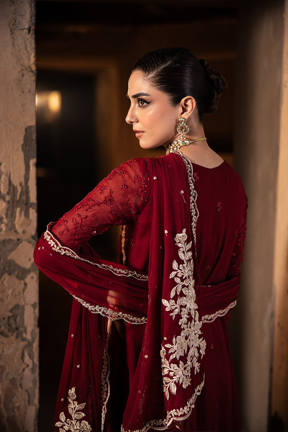 Elegant Maroon Hand Embellished Organza Pakistani Party Dress
