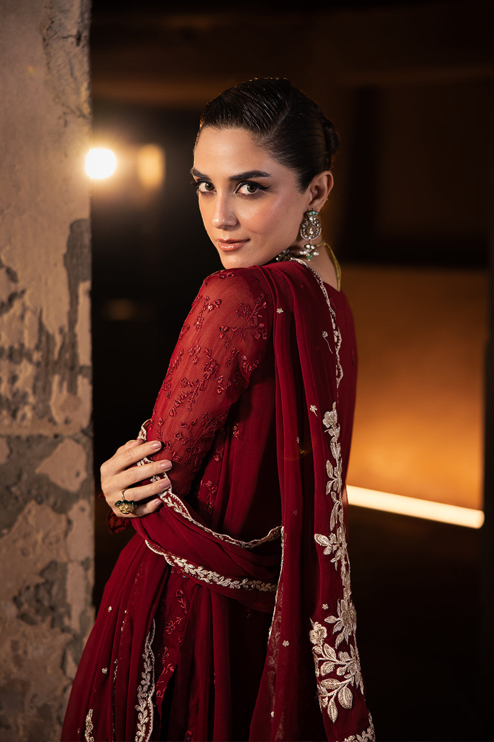 Elegant Maroon Hand Embellished Organza Pakistani Party Dress