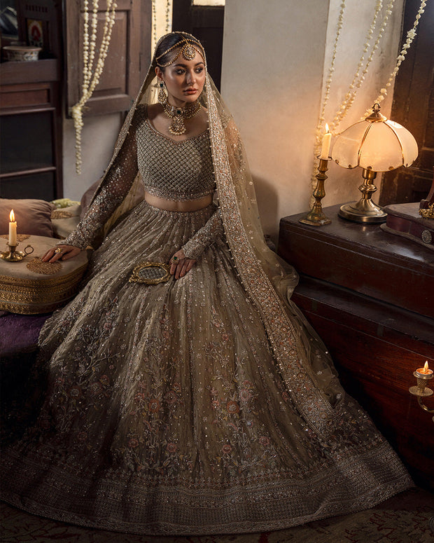 Royal Beige Pakistani Bridal Lehenga Choli Style Dress For Women