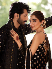 Royal Black Pakistani Wedding Dress In Kameez Gharara Style