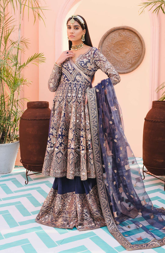 Royal Blue Heavily Embellished Pakistani Kurti Sharara Wedding Dress