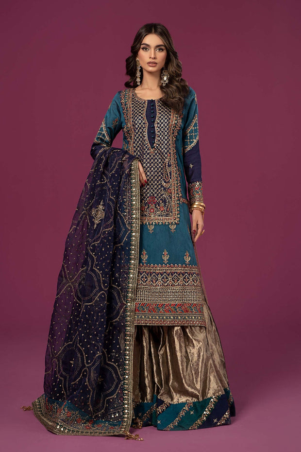 Royal Blue Shade Luxury Pakistani Party Dress in Copper Shade Gharara Style