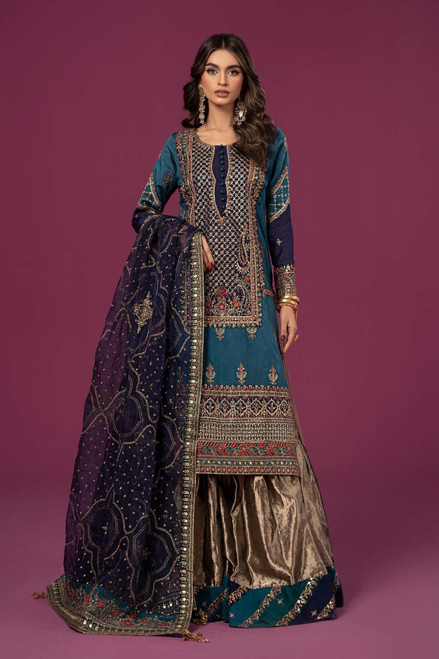 Royal Blue Shade Luxury Pakistani Party Dress in Copper Shade Gharara Style LARGE Royal Blue Shade Luxury Pakistani Party Dress in Copper Shade Gharara Style LARGE