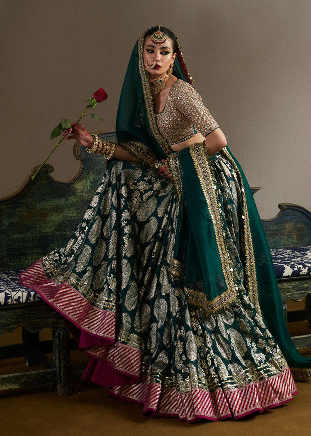 Royal Bridal Mehndi Dress in Green Lehenga and Choli Style