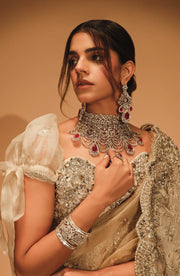 Royal Embellished Golden Saree Style Pakistani Bridal Dress