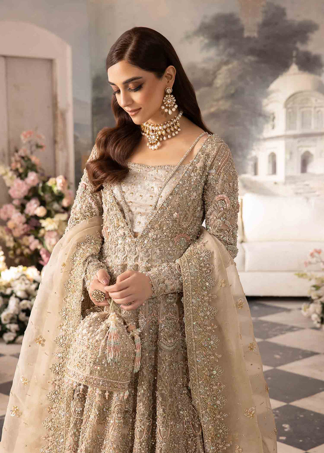 Royal Embellished Ivory Pishwas Gown and Bridal Lehenga Dress
