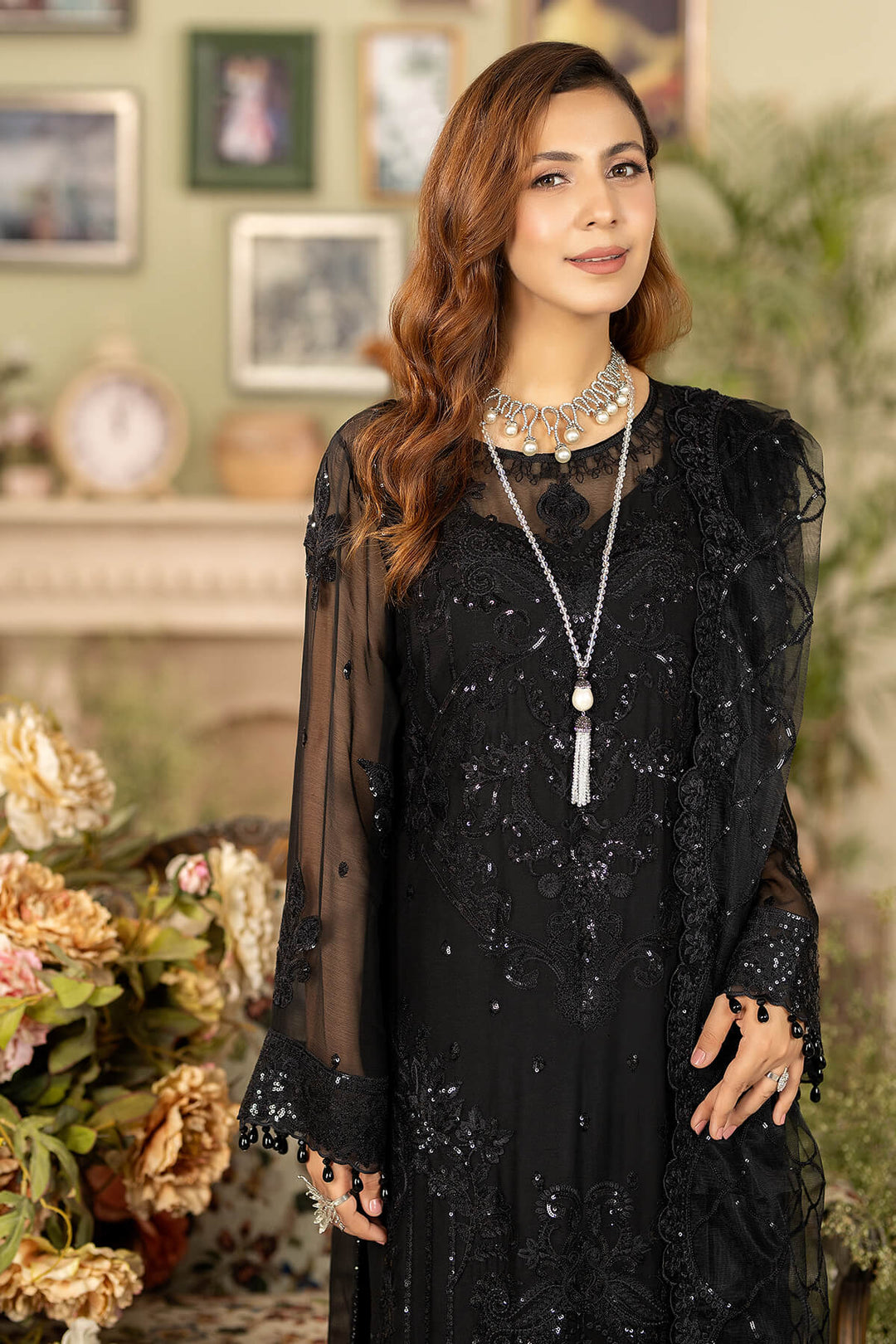 Royal Embroidered Black Pakistani Kameez Trouser and Dupatta