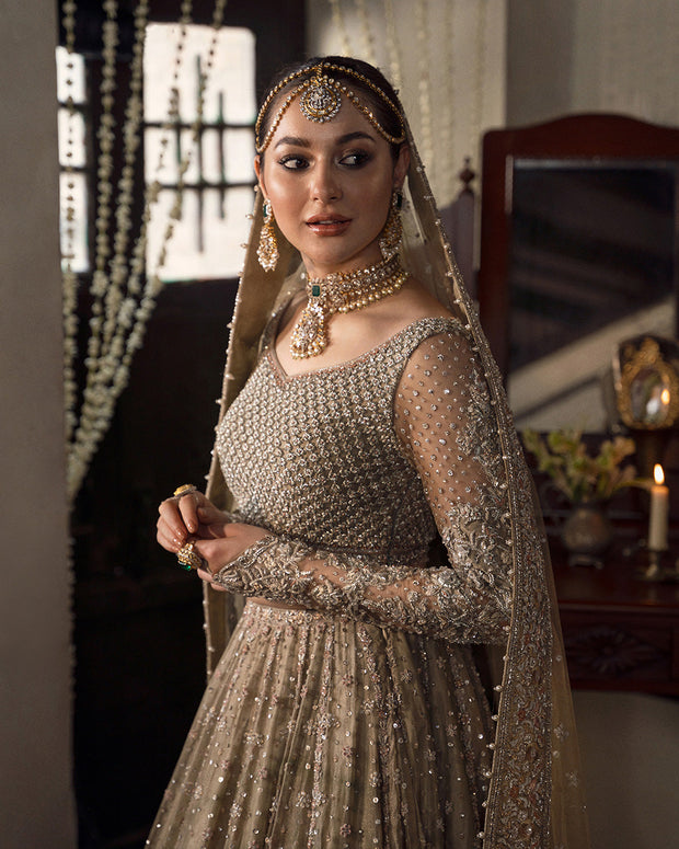 Royal Floral Beige Pakistani Bridal Lehenga Choli Style Dress