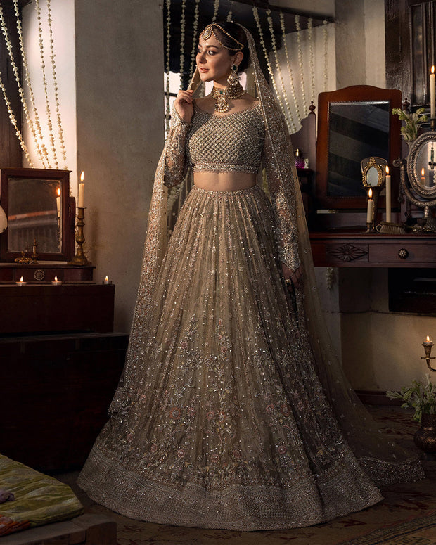 Royal Floral Embroidered Beige Pakistani Bridal Lehenga Choli Style Dress