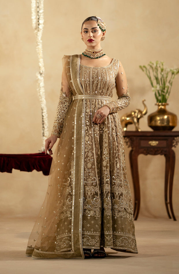 Royal Golden Embroidered Pakistani Wedding Dress Pishwas Frock