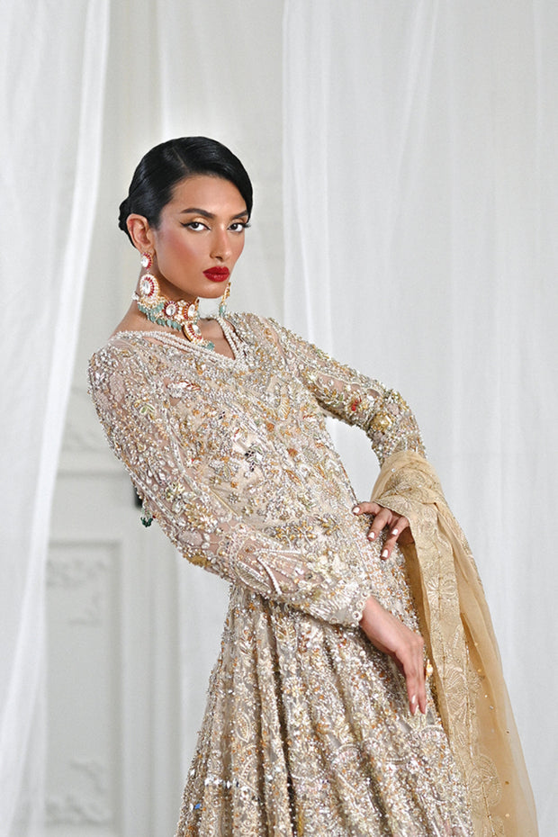 Royal Golden Pakistani Bridal Dress in Gown Lehenga Style