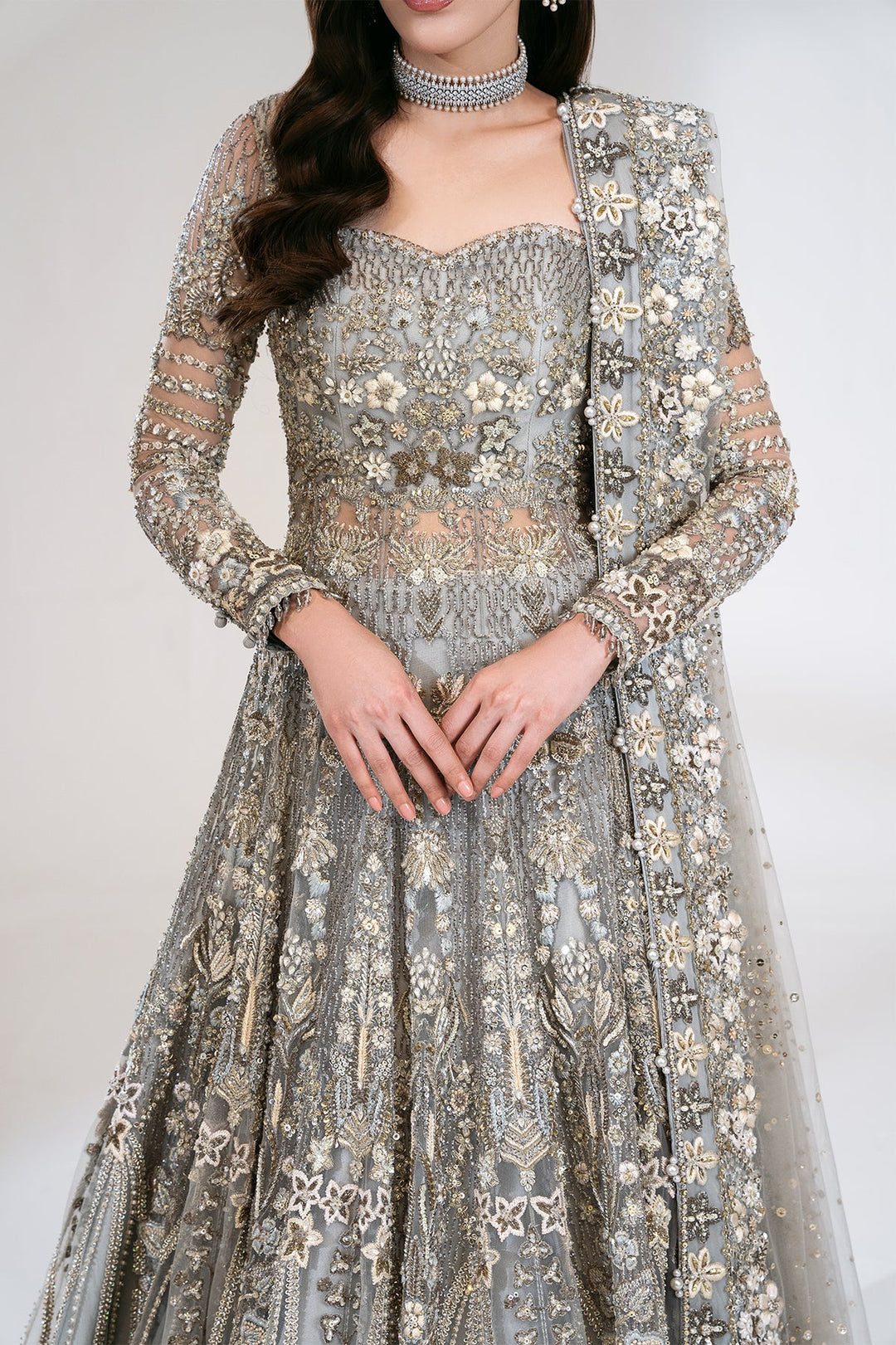 Royal Grey Pakistani Bridal Dress in Gown and Lehenga Style
