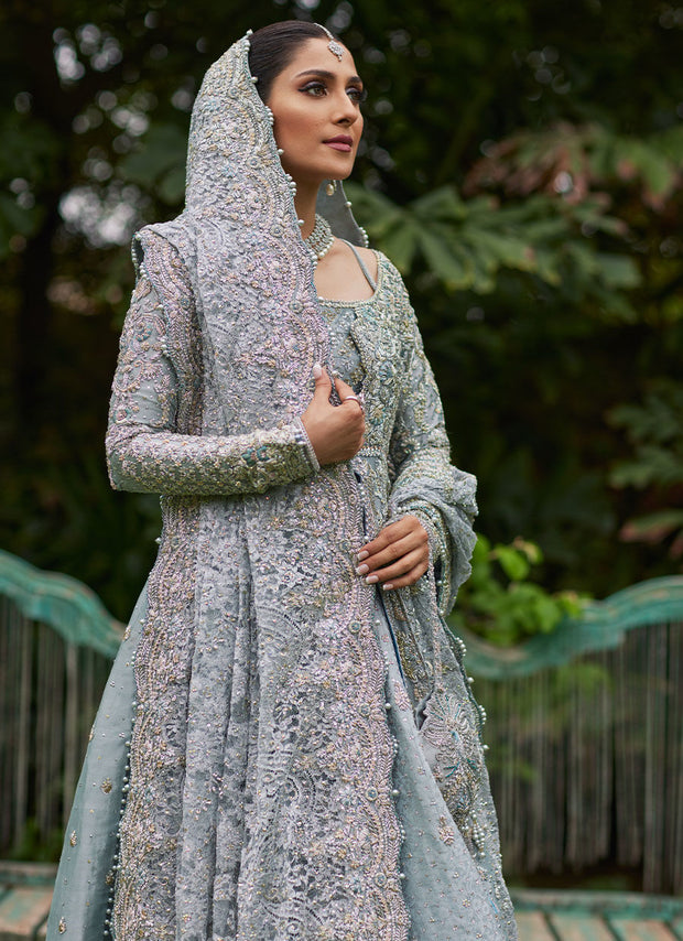 Royal Ice Blue Embroidered Pishwas Farshi Lehenga Bridal Dress