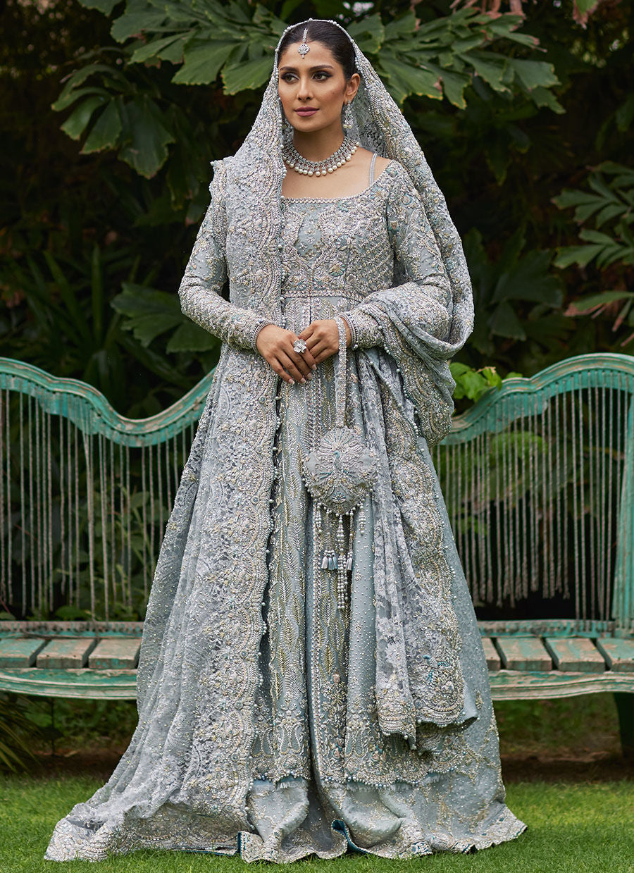 Royal Ice Blue Embroidered Pishwas Farshi Lehenga Pakistani Bridal Dress