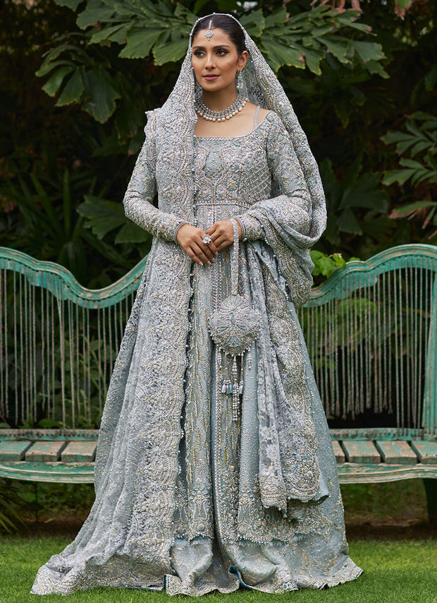 Royal Ice Blue Embroidered Pishwas Farshi Lehenga Pakistani Bridal Dress