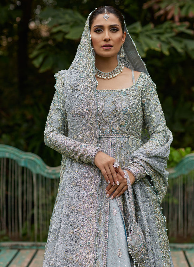 Royal Ice Blue Embroidered Pishwas Farshi Lehenga Pakistani Dress