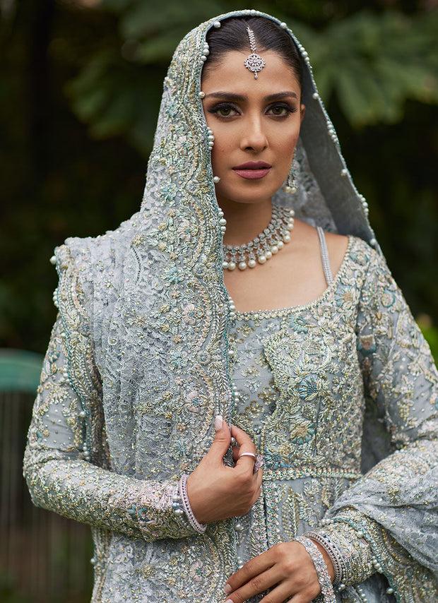 Royal Ice Blue Embroidered Pishwas Lehenga Pakistani Bridal Dress