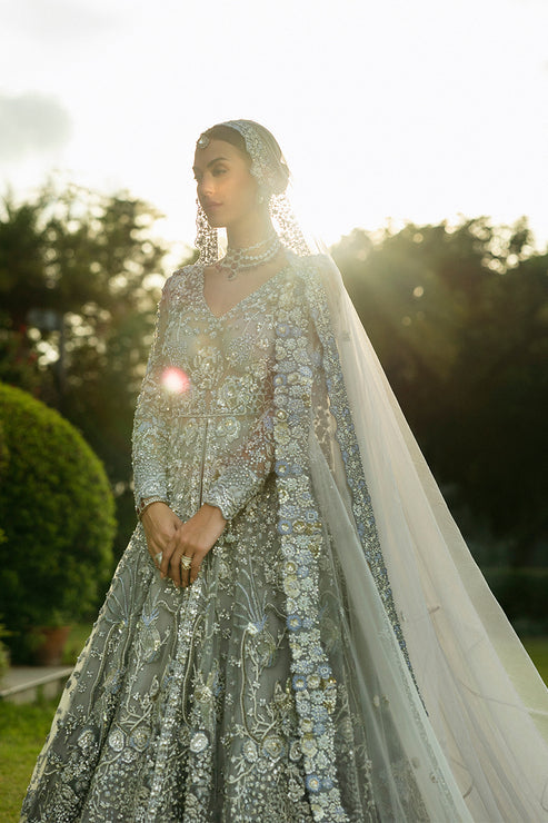 Royal Ice Blue Pakistani Bridal Dress in Gown Lehenga Style