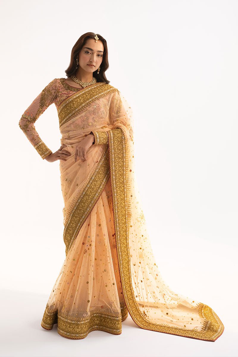 Royal Indian Wedding Dress in Peach Net Saree Style