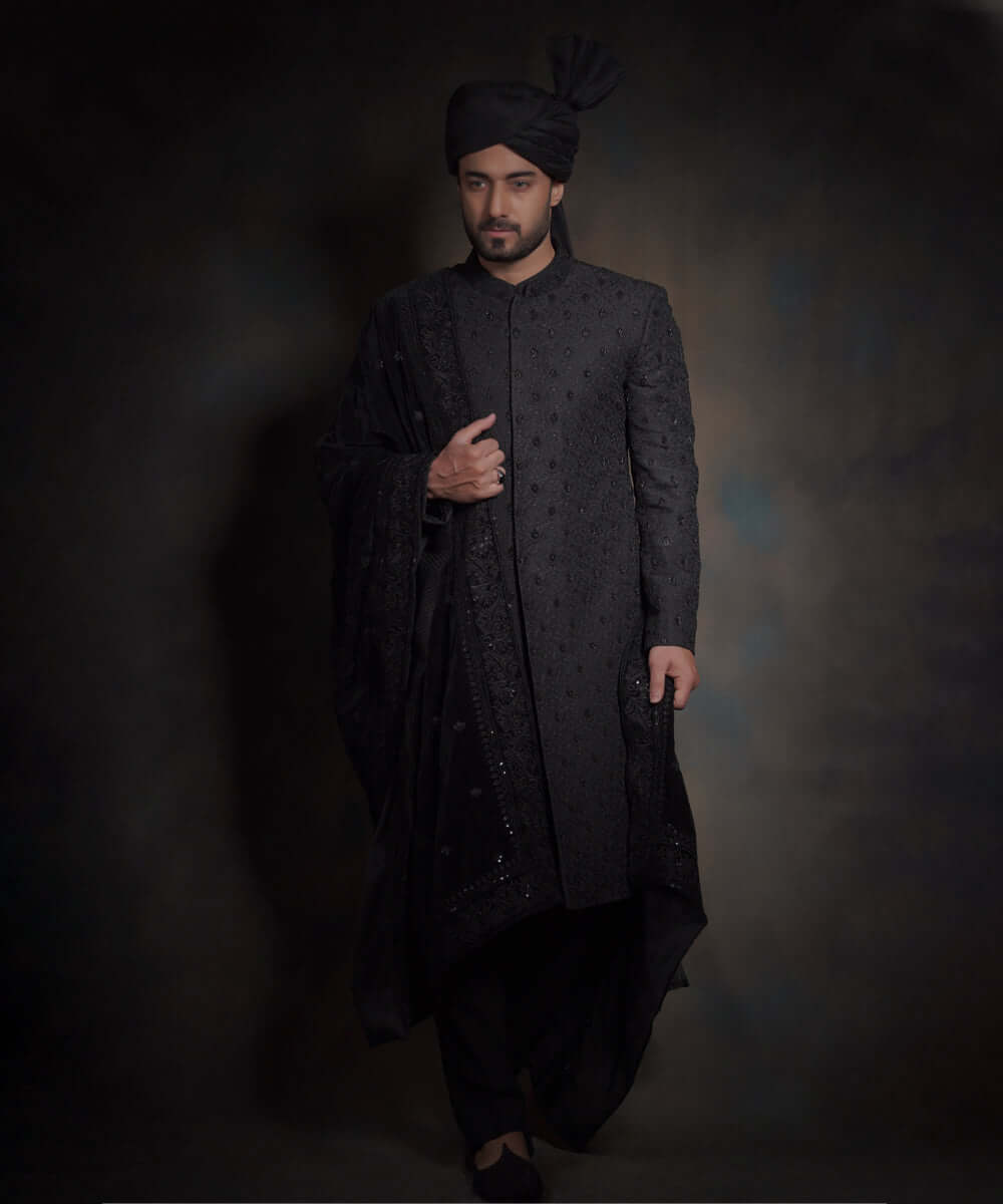 Royal Jet Black Heavily Thread Embroidered Pakistani Groom Sherwani