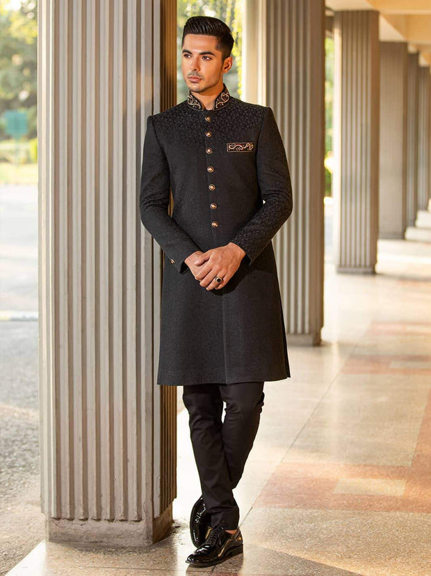 Royal Karandi Jamawar Black Dabka Pakistani Groom Sherwani