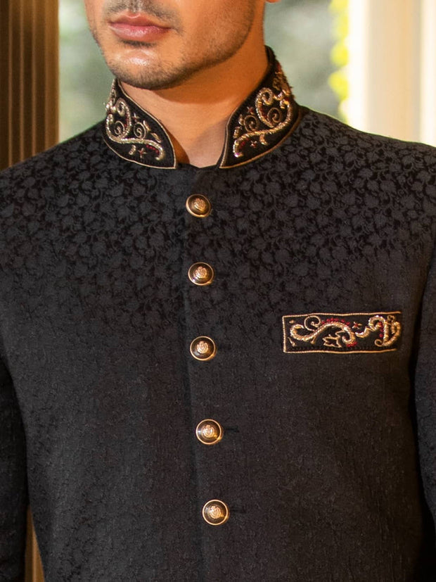 Royal Karandi Jamawar Black Dabka Resham Pakistani Sherwani